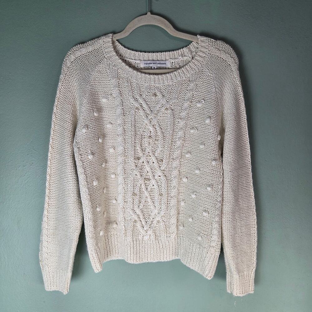 Cupcakes And Cashmere Womens Medium Pommed Cable-Knit Sweater Casual Cozy Winter